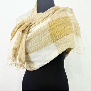 Coldwater Creek MELANGE Cream Yellow Plaid 100% Wool Lightweight Wrap Scarf